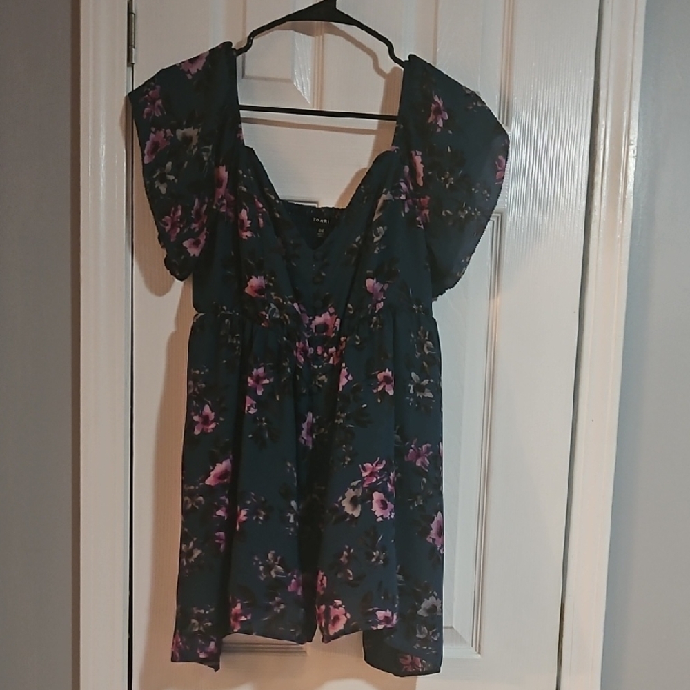 Torrid Teal and Pink Floral Babydoll Flutter Sleeve Blouse M/L 00